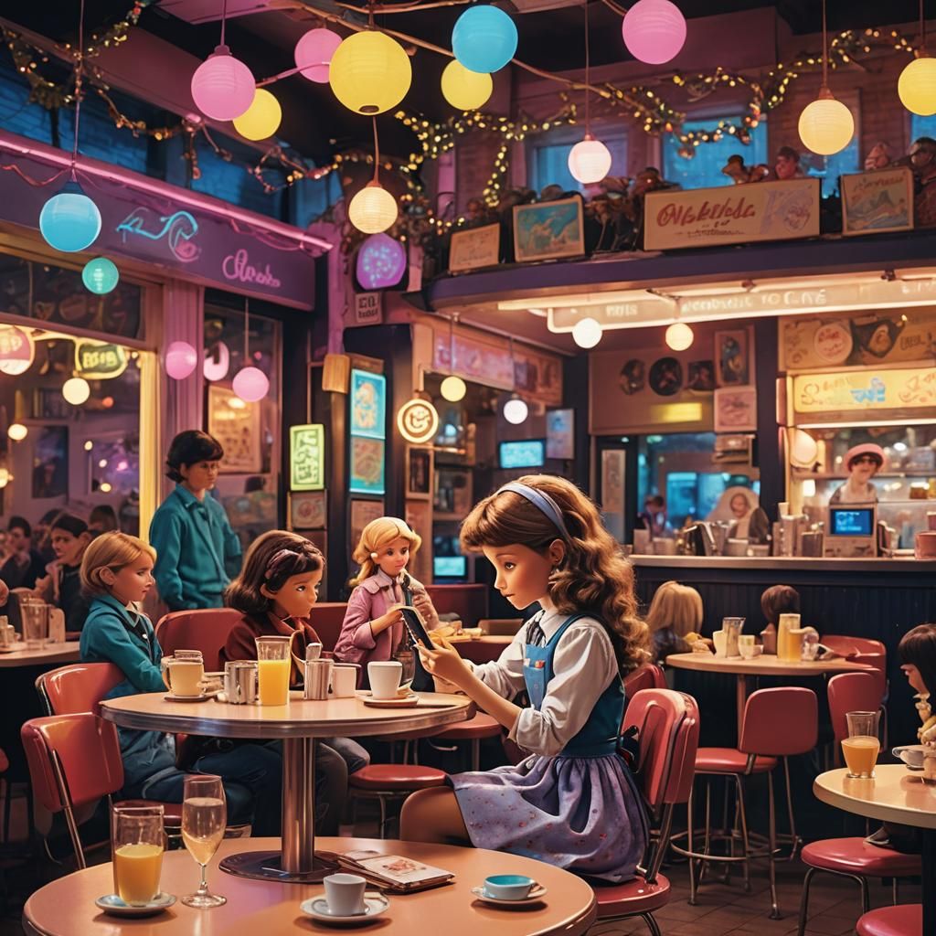 Holly Hobbie Doll in 80s Cafe with Smartphone