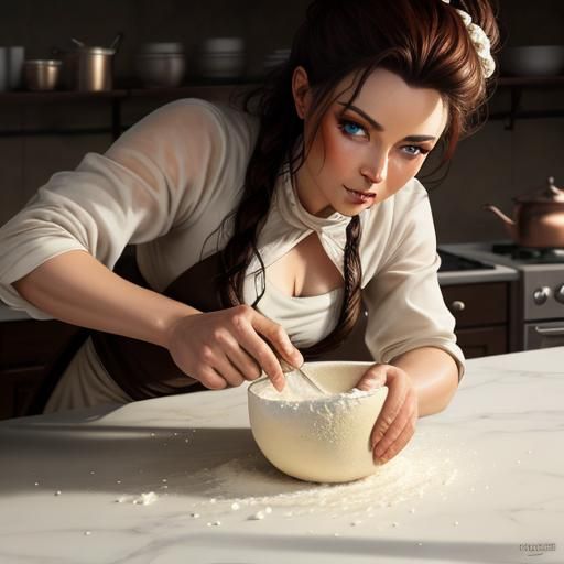 Woman Kneading Dough: Hyperdetailed Digital Painting