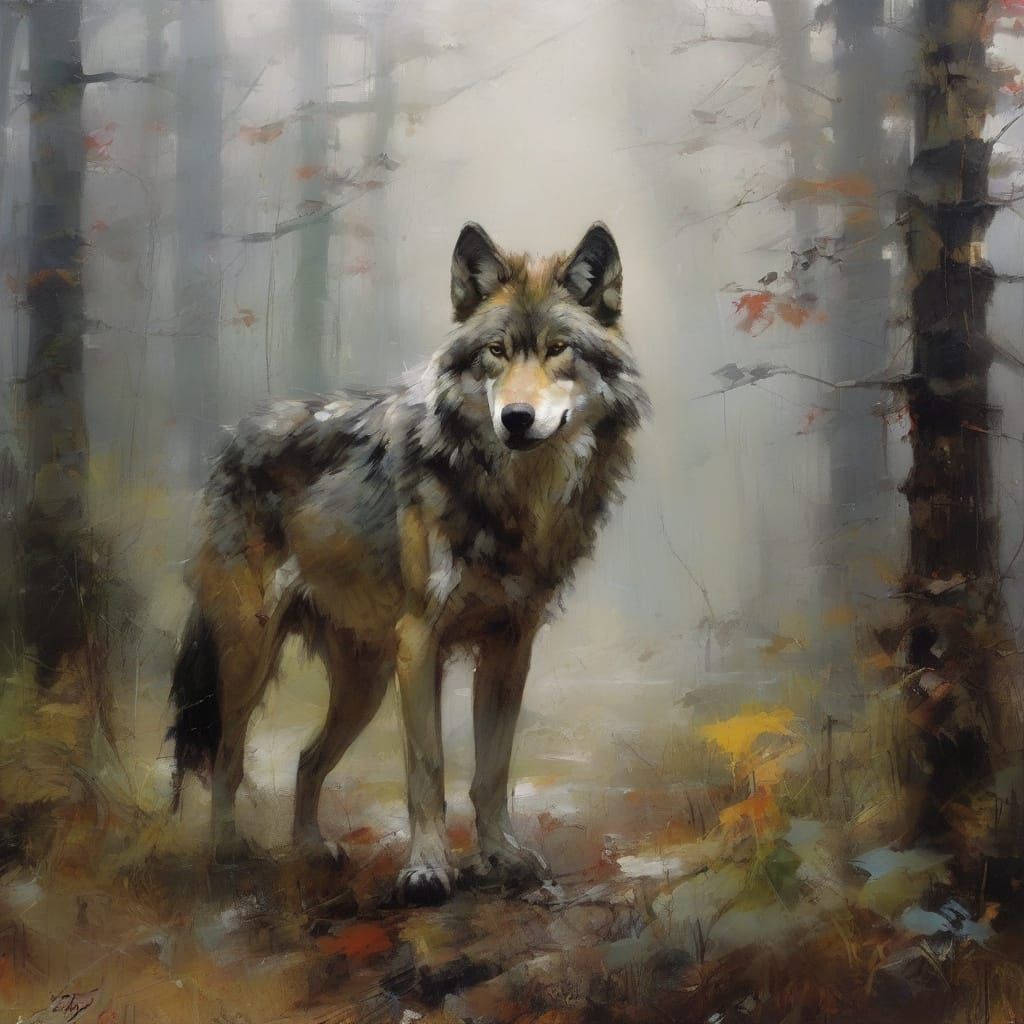 Wolf in Foggy Forest, Detailed Fine Art Painting