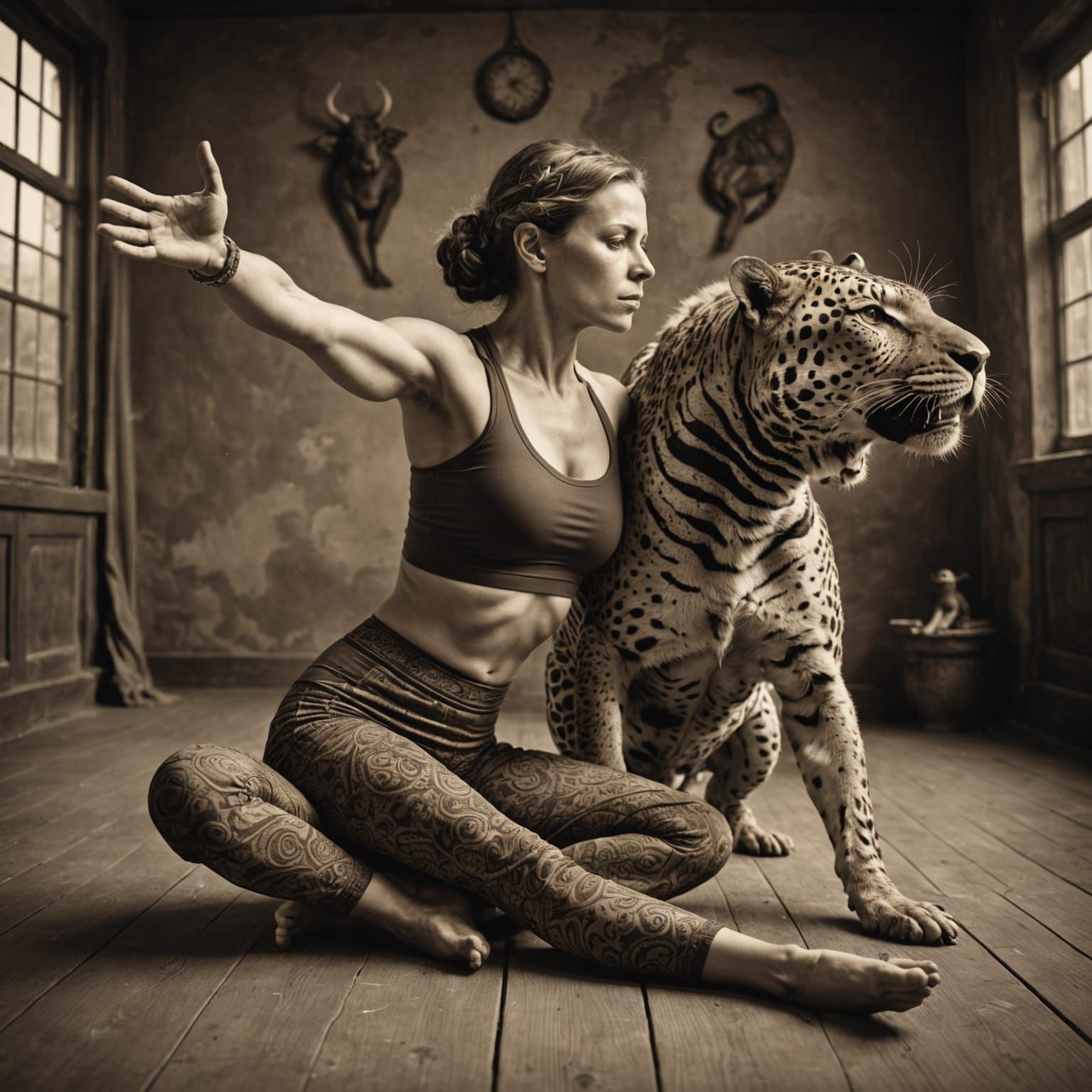 Bizarre Yoga Pose in Sepia Vintage Photo