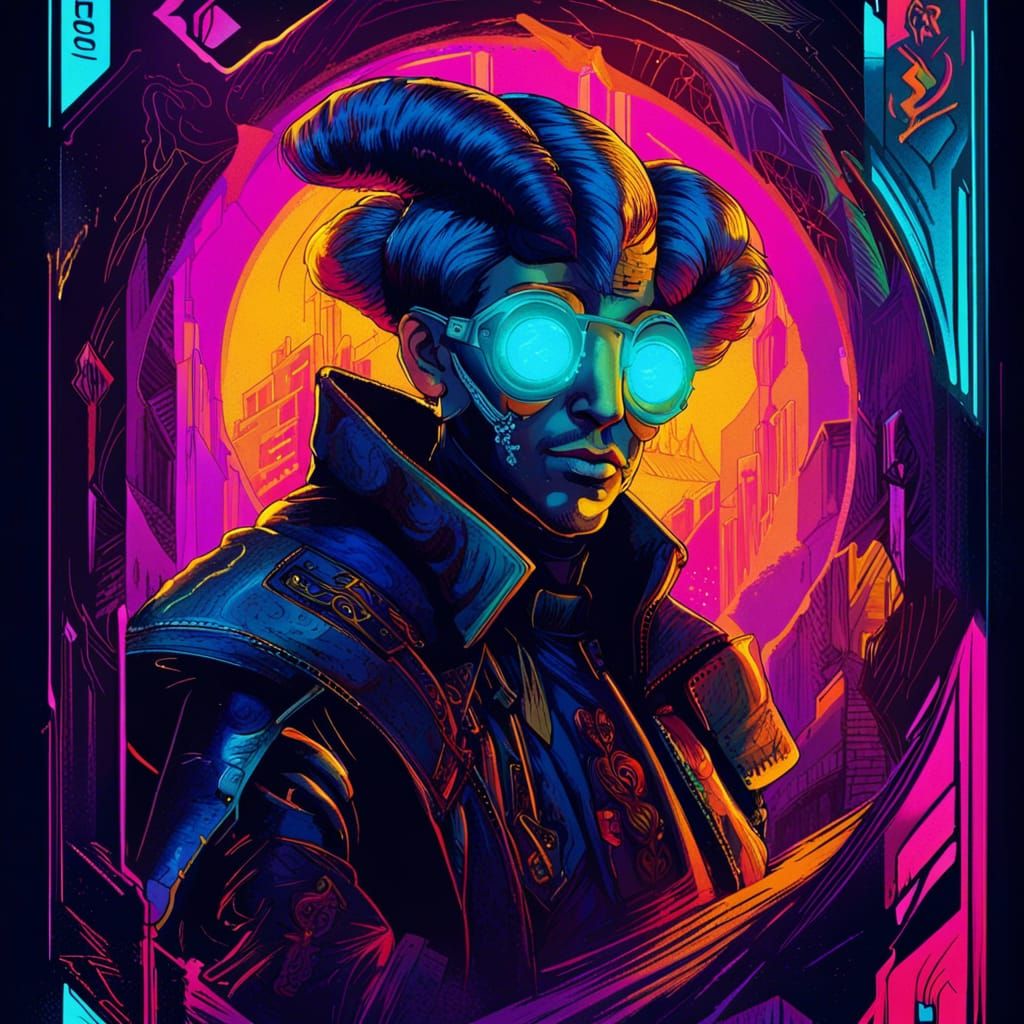 The Fool Tarot Card in Baroque Cyberpunk Style