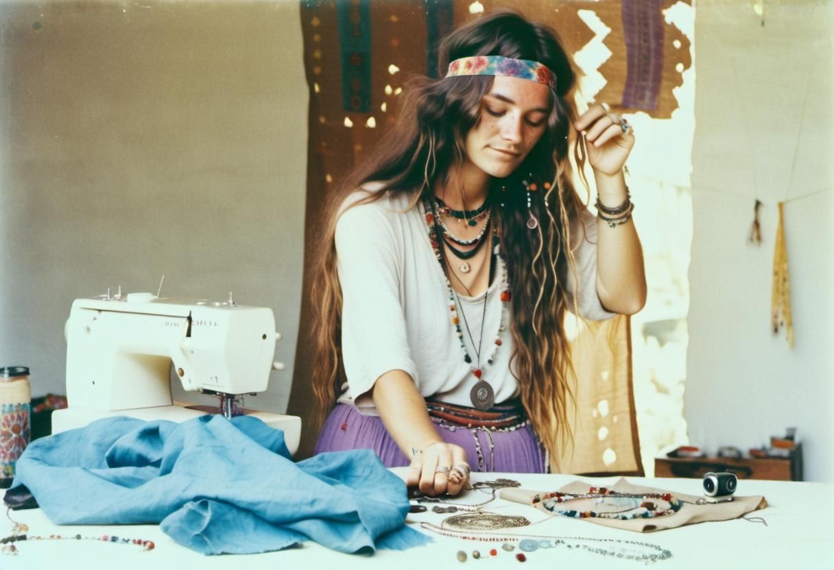 Young Hippie Lady Sewing: Aged Kodak Photograph