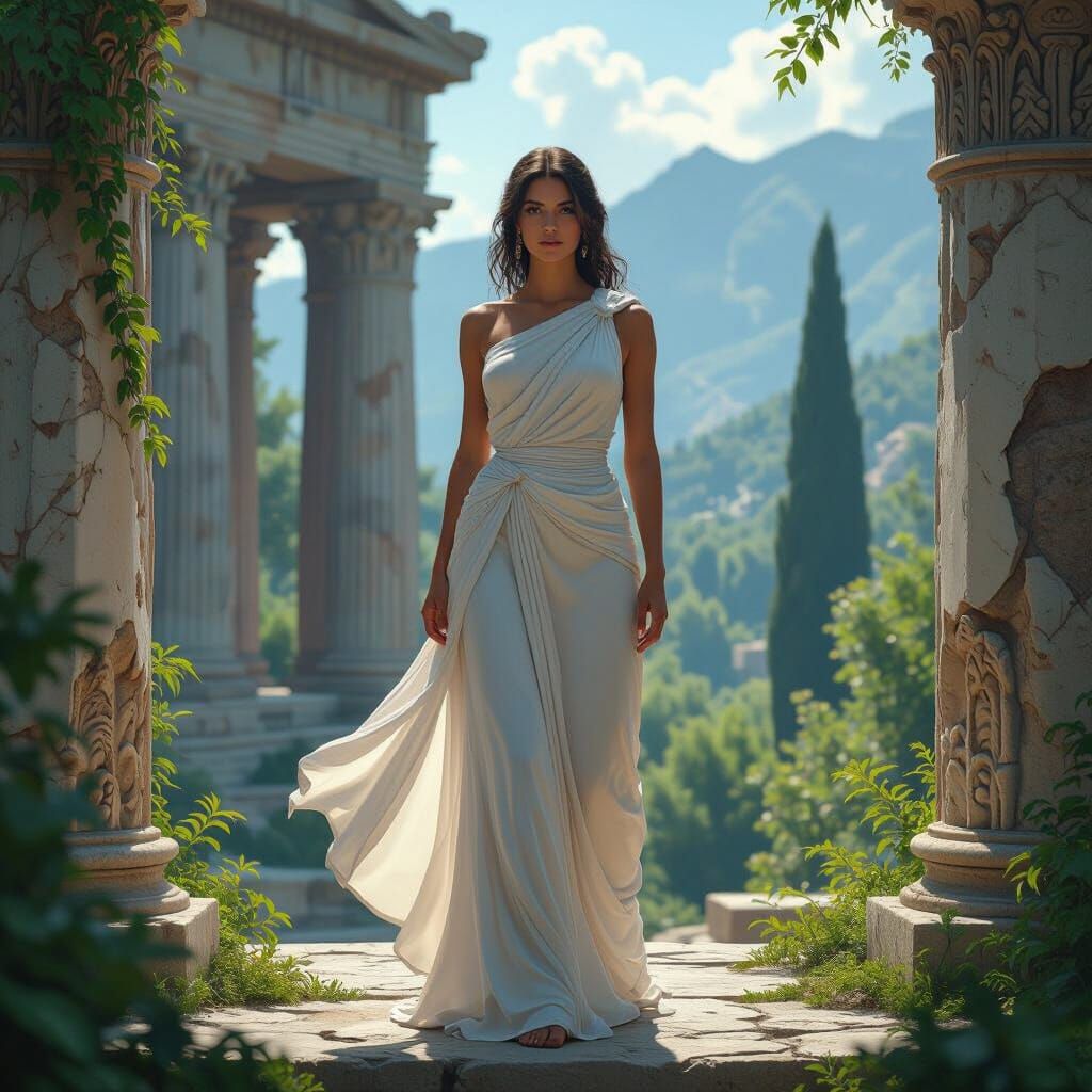 Greek Lady at Olympus Temple in Matte Painting Style