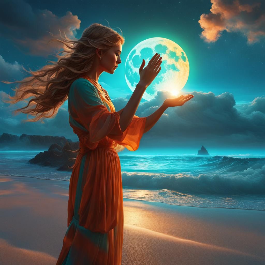 Dreamscape Beach: Women Emit Light in Alchemic Scene