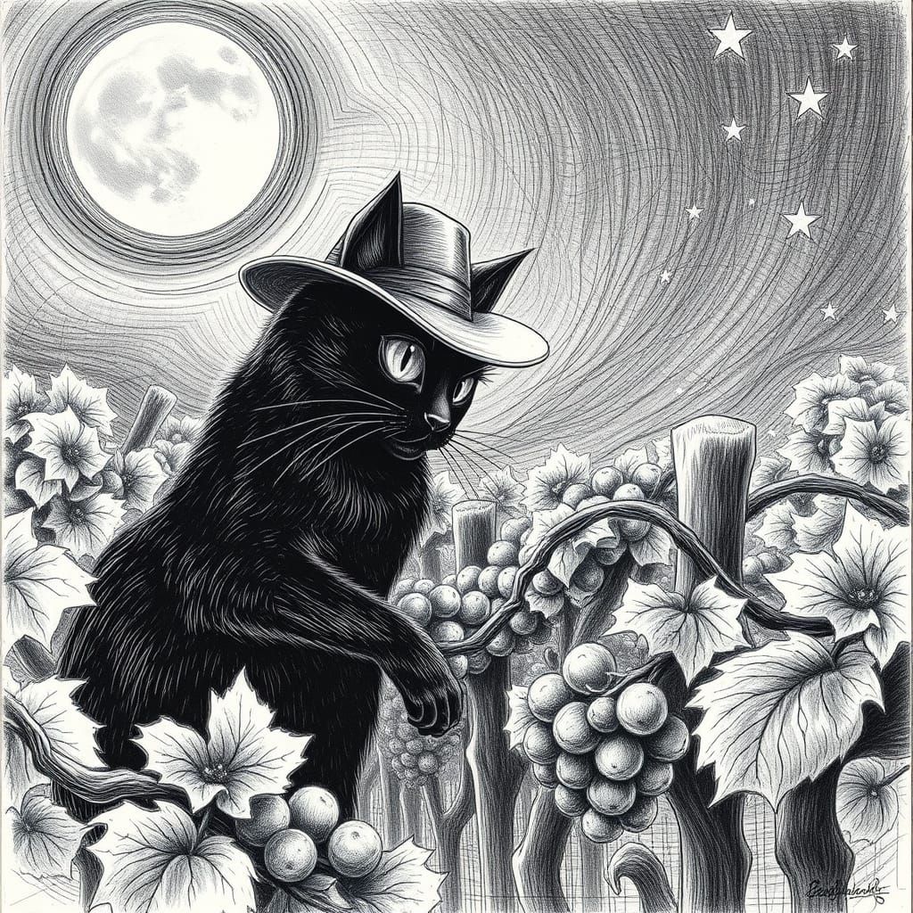Ethereal Whimsy: Black Cat Harvests Grapes Under Starry Moon...