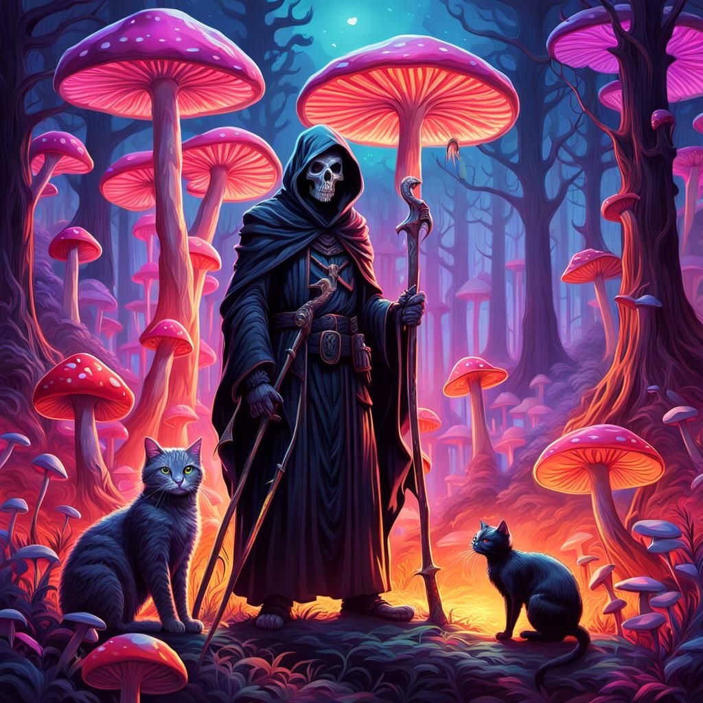 Psychedelic Grim Reaper in Enchanted Forest