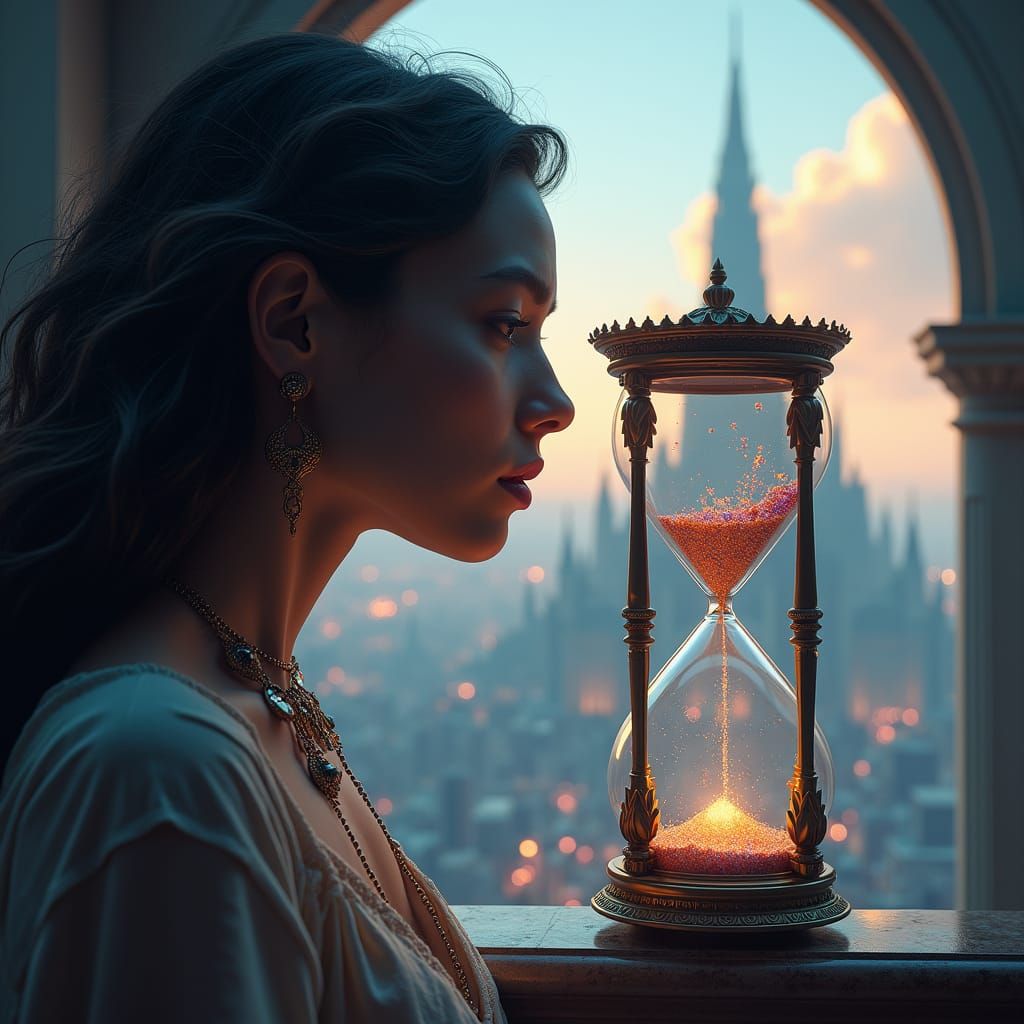 Woman Gazing Through Hourglass at Futuristic Cityscape