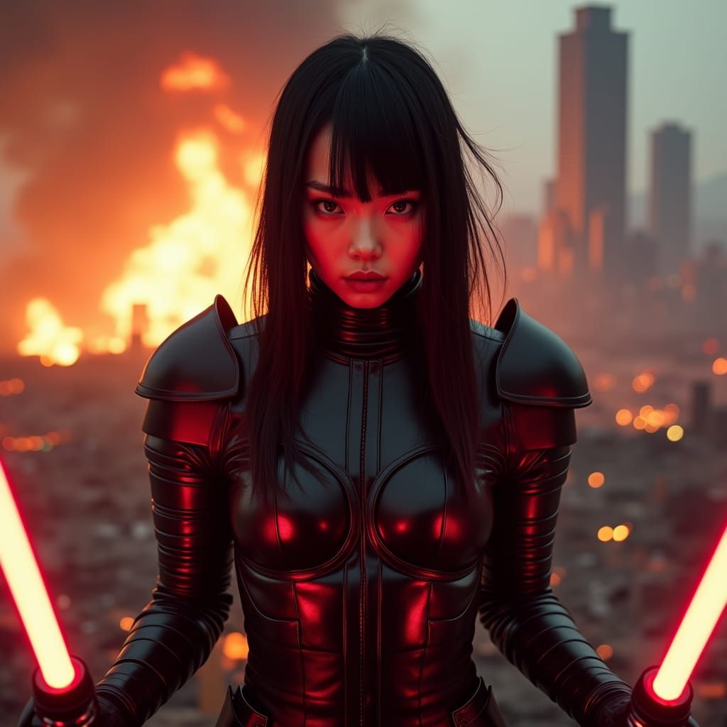 Sith Warrior with Lightsabers in Burning Cityscape