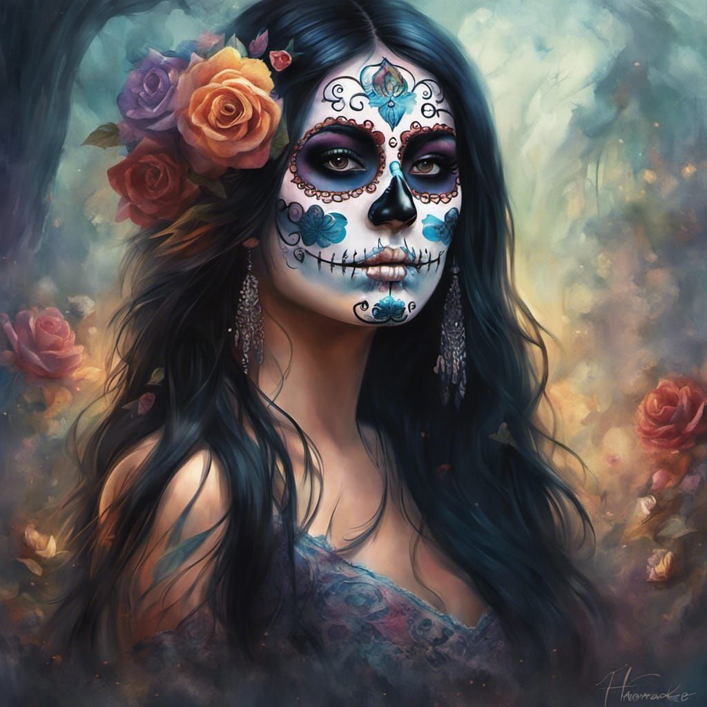 Woman with Sugar Skull Face Paint in Ethereal Style