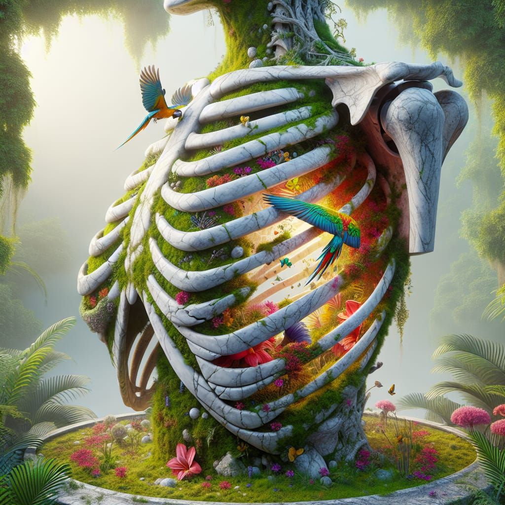 Marble Ribcage in Botanical Garden: Hyperrealistic 8k Art