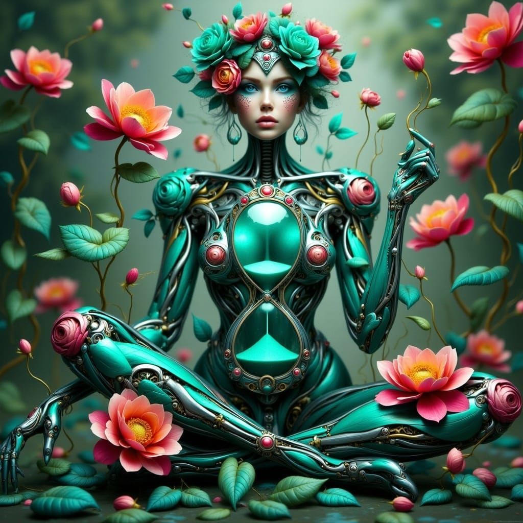 Biomechanical Woman with Hourglass and Floral Accents