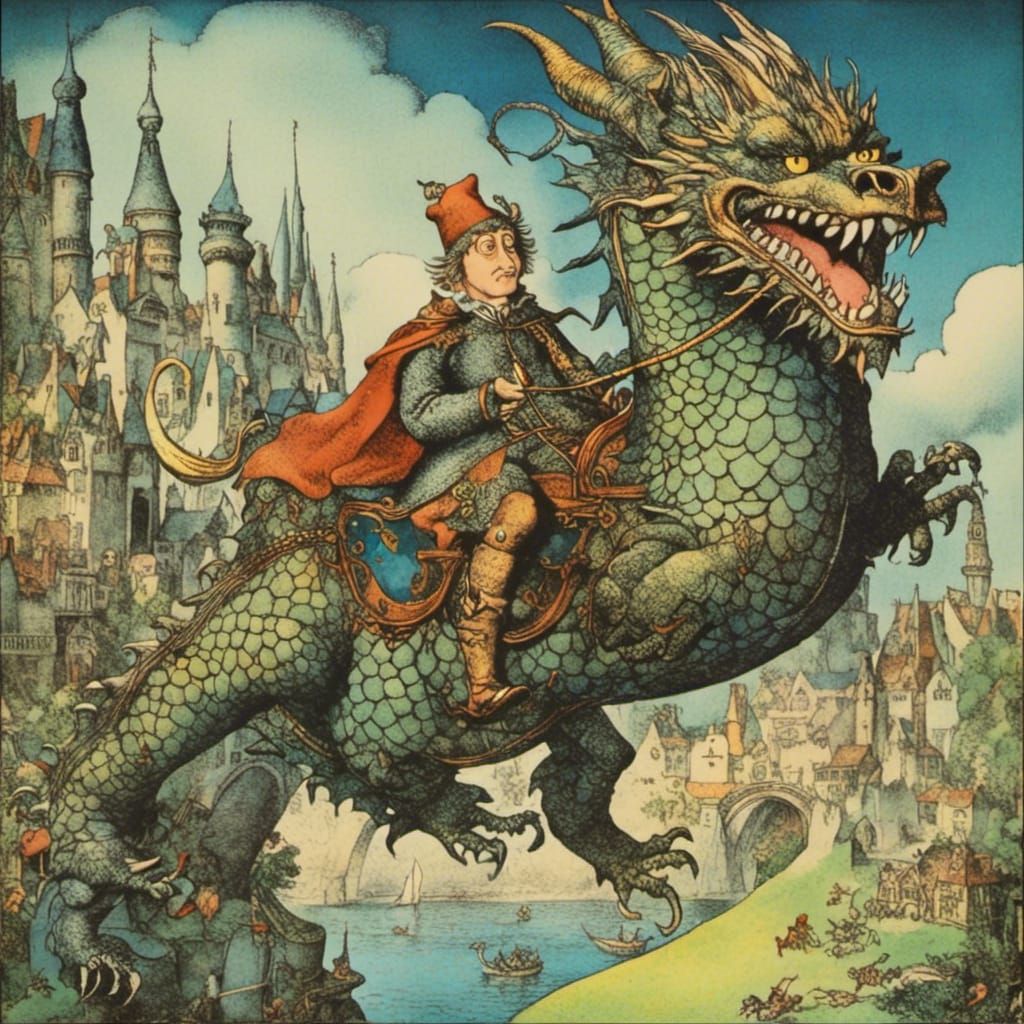 Man Rides Dragon in Whimsical Fantasy Art
