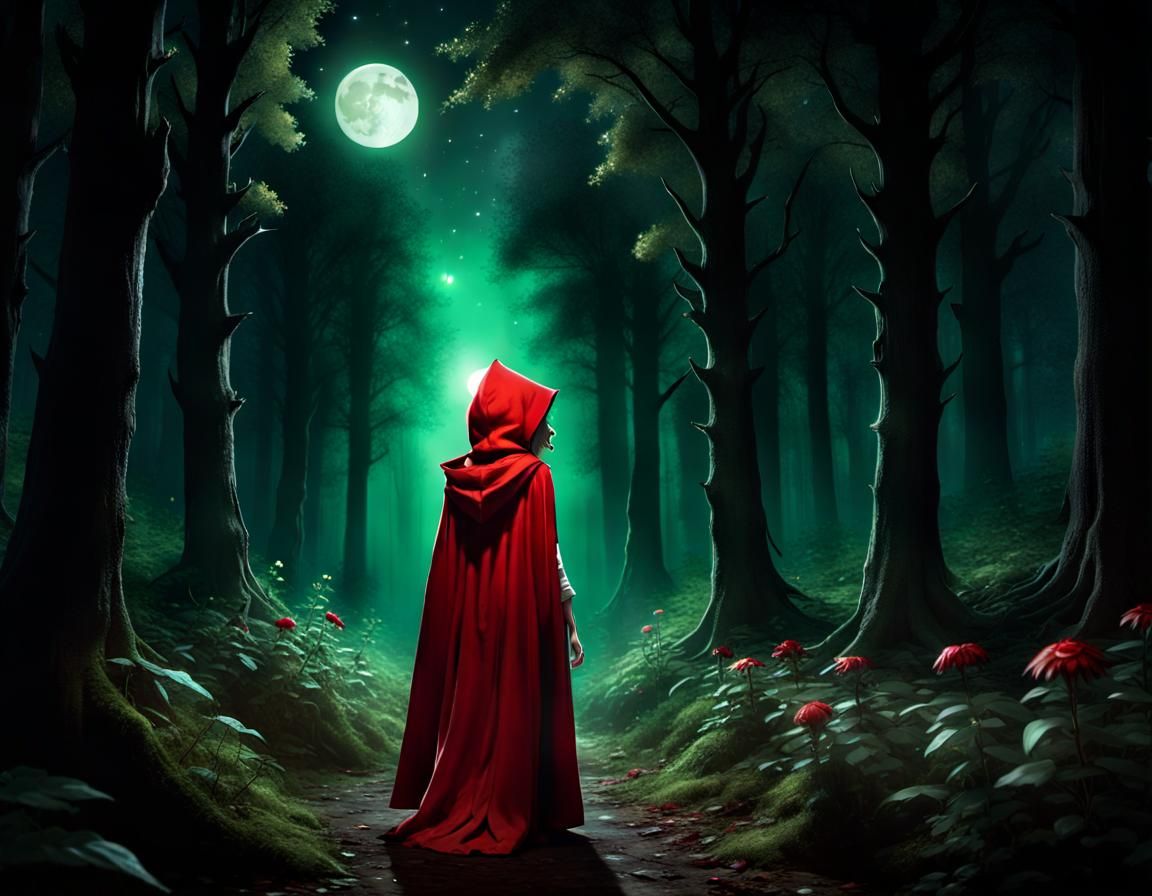 Little Red Riding Hood in Dark Fantasy Forest