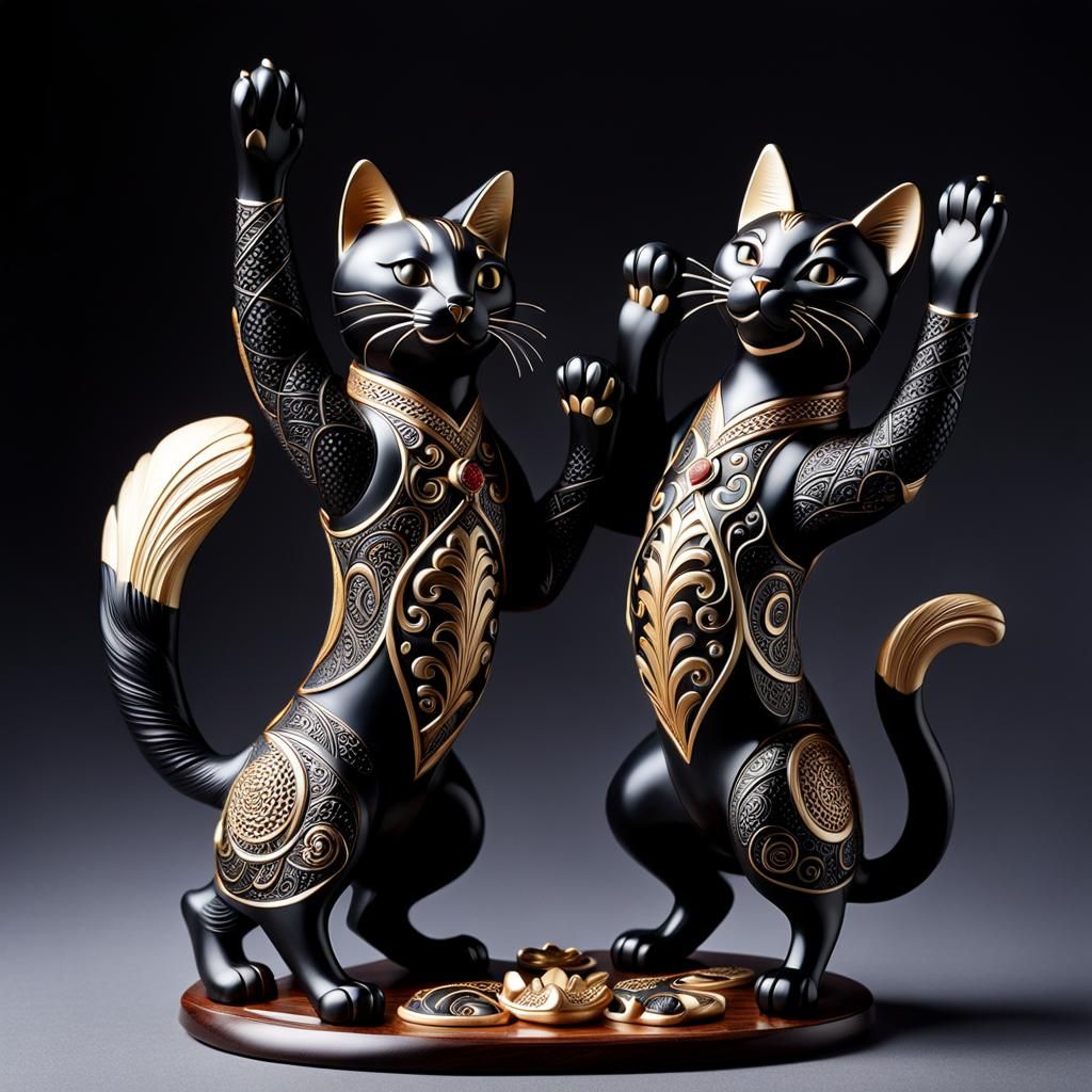 Dancing Netsuke-Katobori Cats Conceptual Art