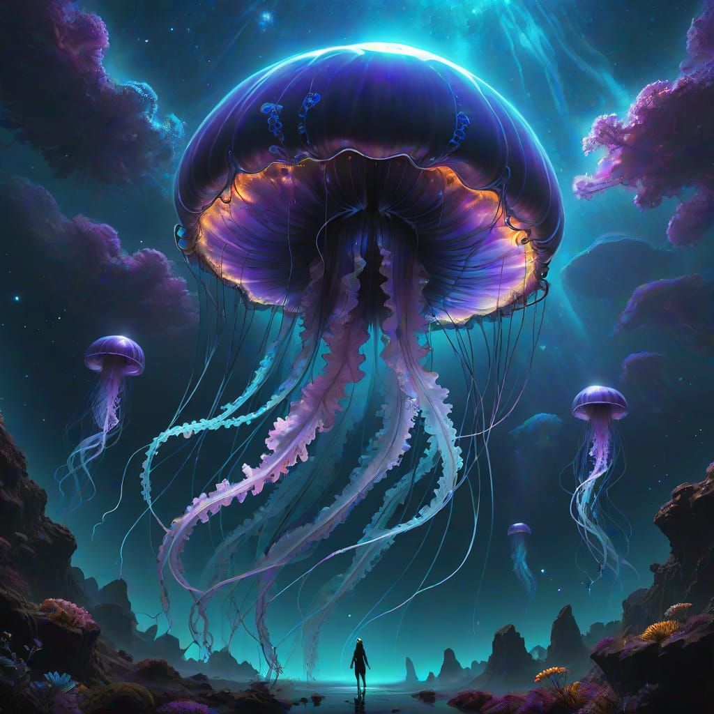 Cosmic Bioluminescent Jellyfish with Goddess in Dark Fantasy...