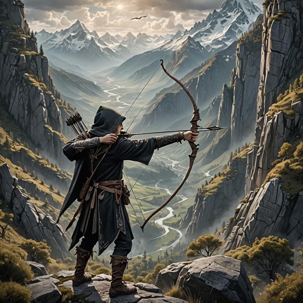 Mysterious Elf Archer in Detailed Mountain Scene