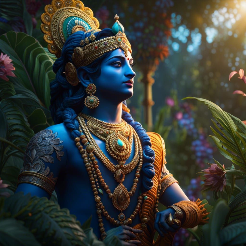 Hyperrealistic Lord Krishna with Magical Plants