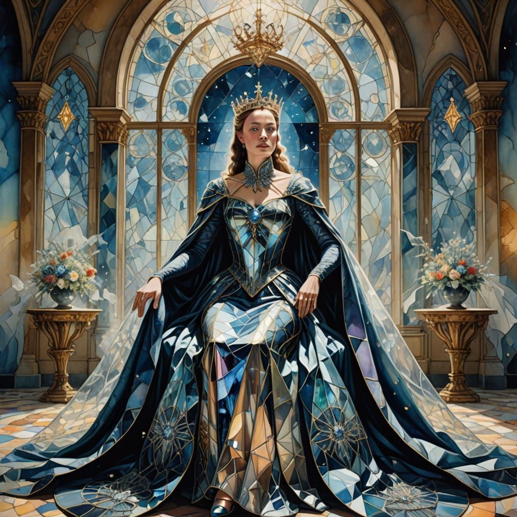 Regal Queen on Crystalline Throne in Watercolor Style