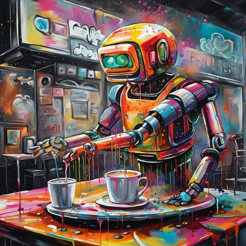 Detailed AI Robot Painting Cafe in Graffiti Art