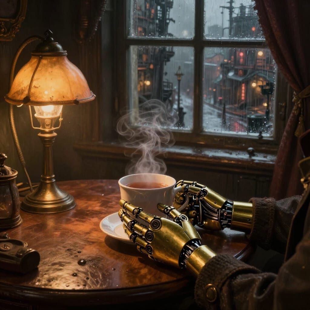 Cozy Steampunk Room Overlooking Rainy Metropolis