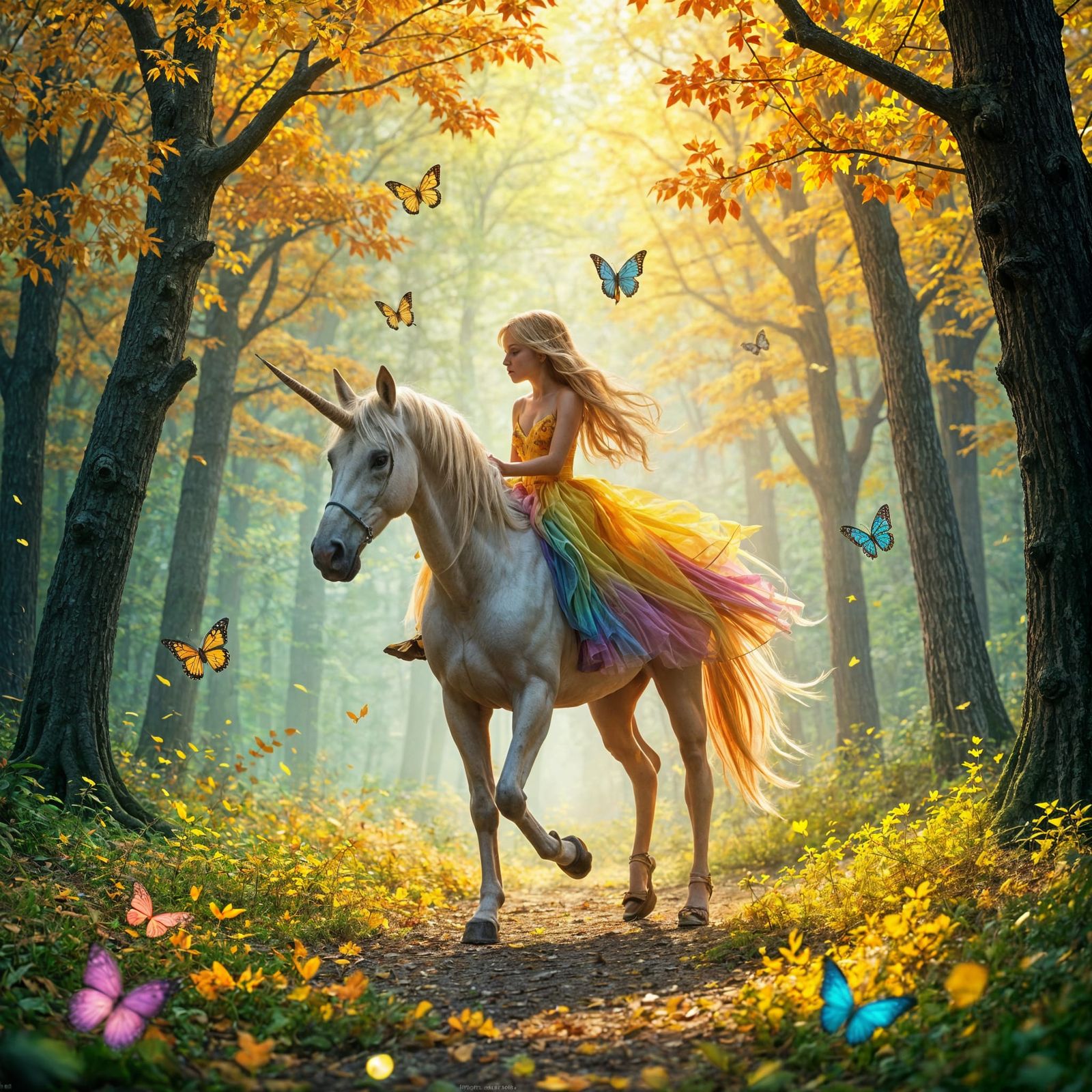 Ethereal Fantasy: Girl and Unicorn in Rainbow Forest