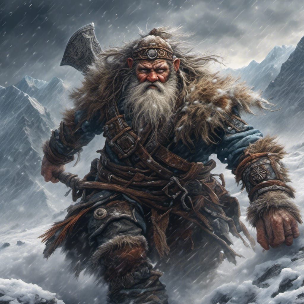 Hyperrealistic Dwarf Warrior in Snowstorm