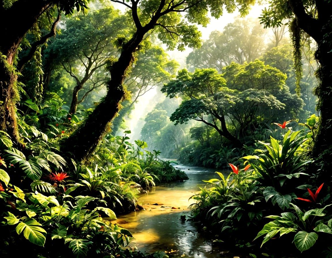 Vibrant Tropical Jungle Scene in Lush Greenery