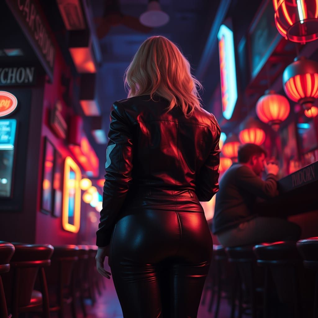 Woman in Leather in Neon Cyberpunk Bar