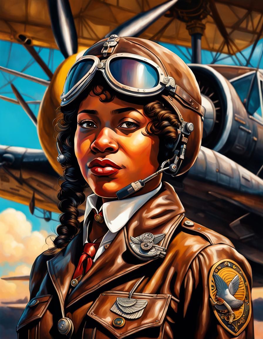 Bessie Coleman, Airplane Pilot, Hyperrealistic Digital Art