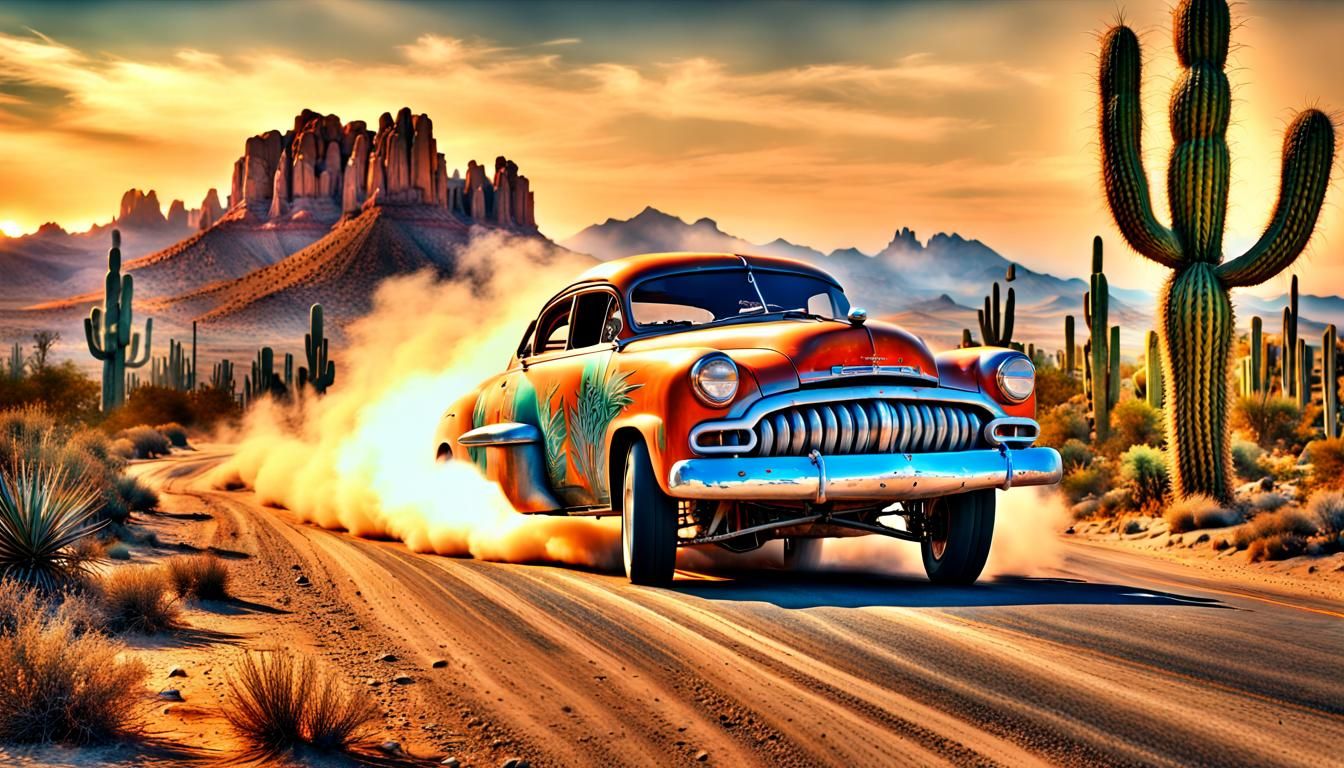 Vintage Blue Racer on Desert Road