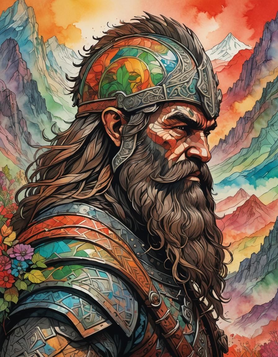 Dwarven Warrior Silhouette in Double Exposure Style