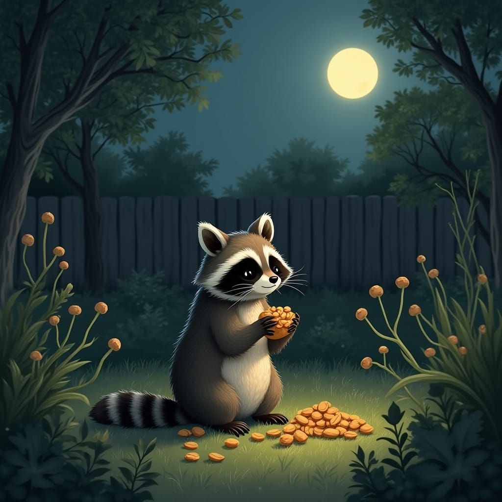 Raccoon's Midnight Snack: A Whimsical Backyard Scene