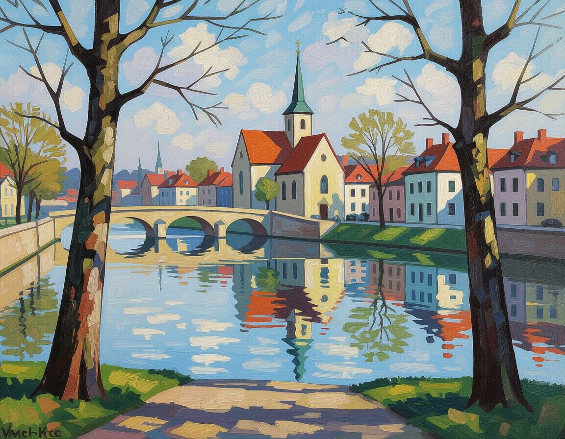 Impressionistic River Scene with Church and Trees