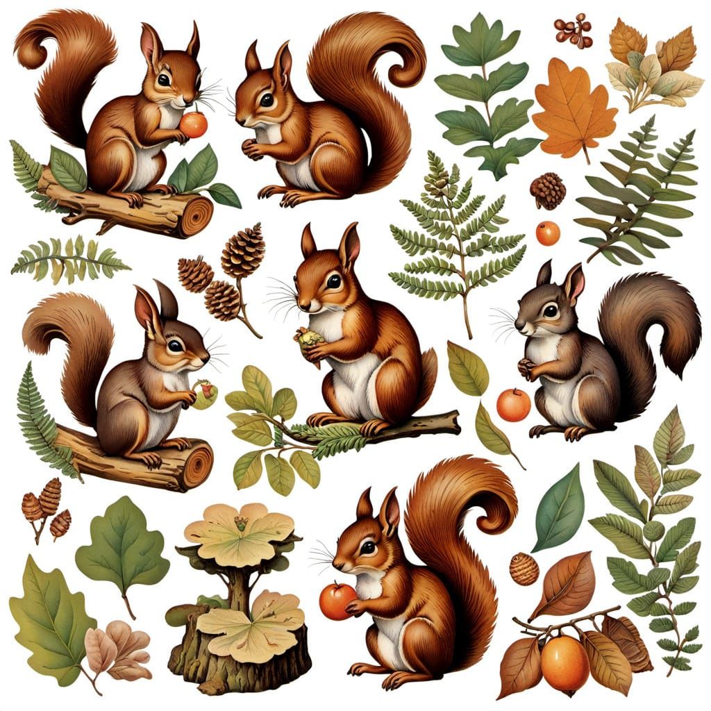 Vintage Squirrel Stickers in Oak Woodland Forest