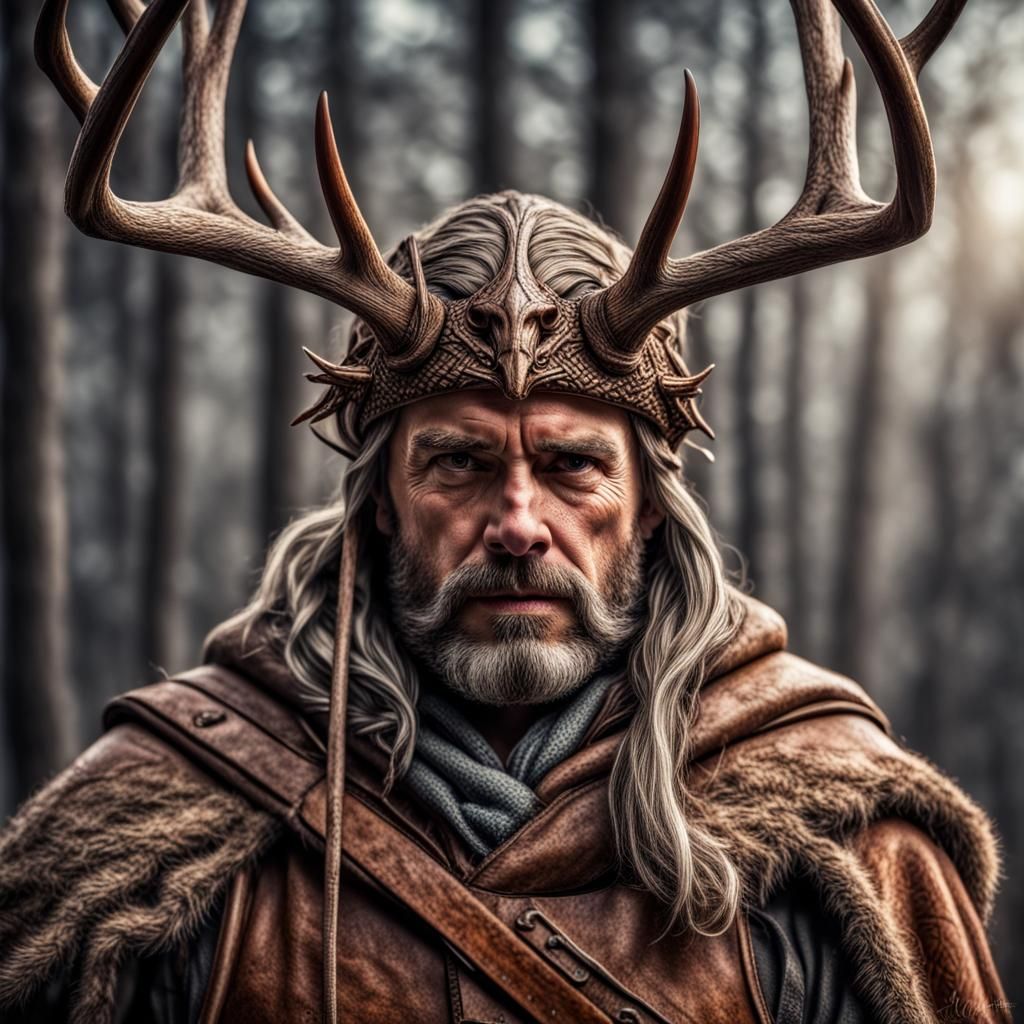 Hyperrealistic Antlered Human Huntsman in HDR