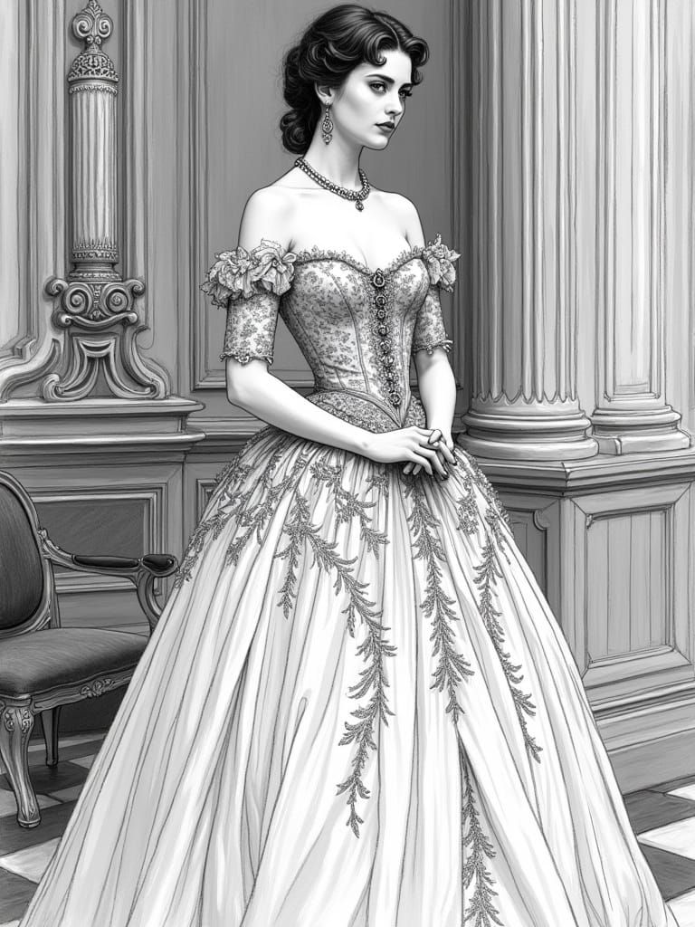 Victorian Beauty in Ballroom: Black and White Sketch
