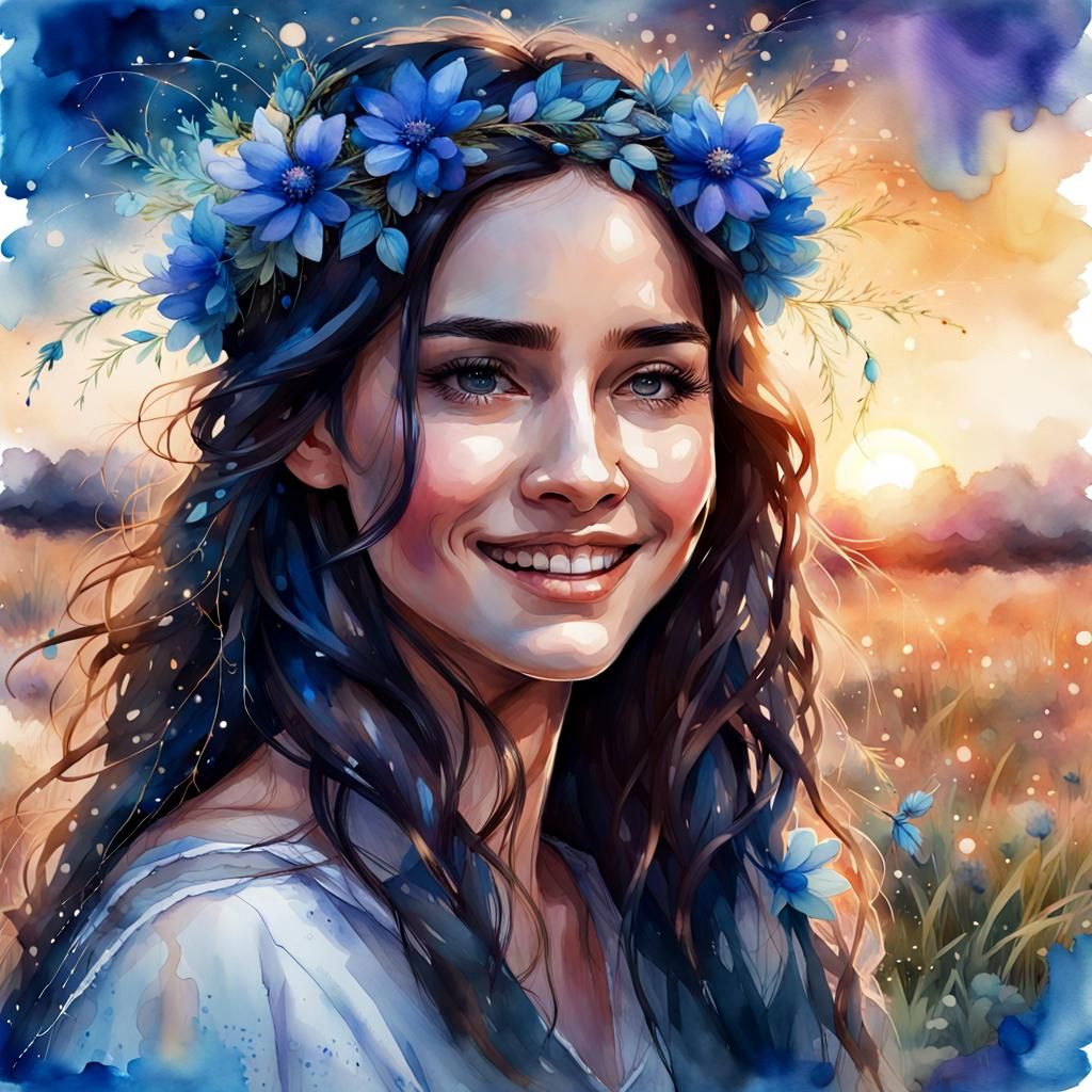 Hispanic Woman with Blue Flower Crown, Watercolor Art