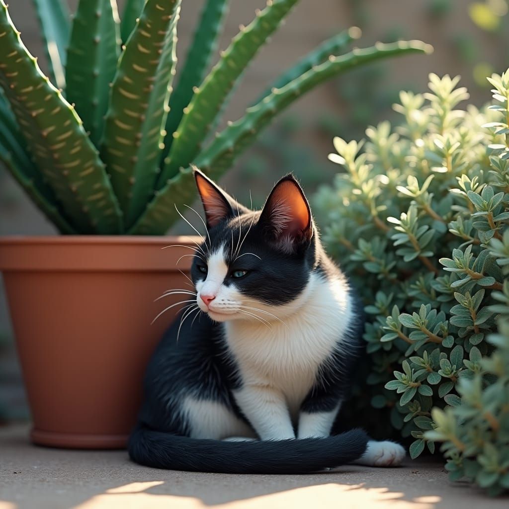 Cat Curled in Garden: Fantasy Concept Art