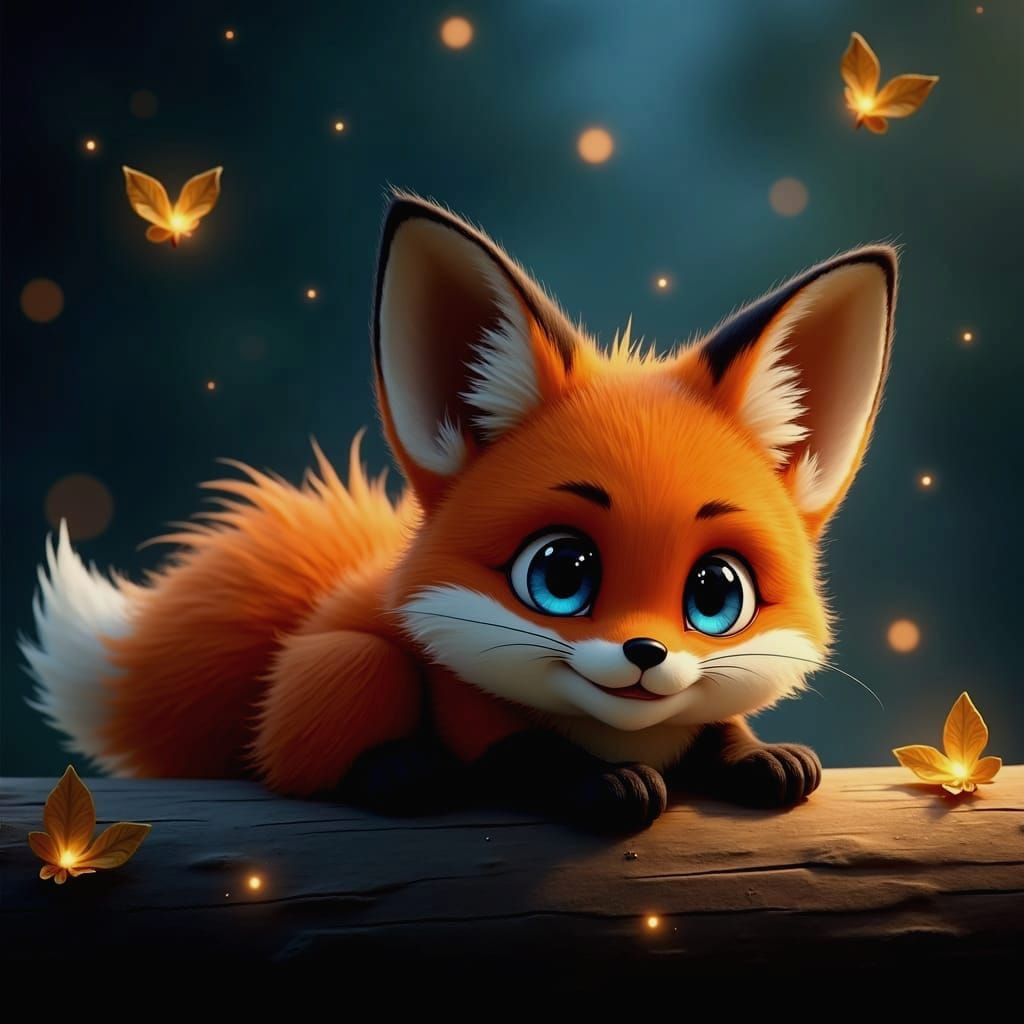 Adorable Chibi Fox with Fireflies in Digital Art