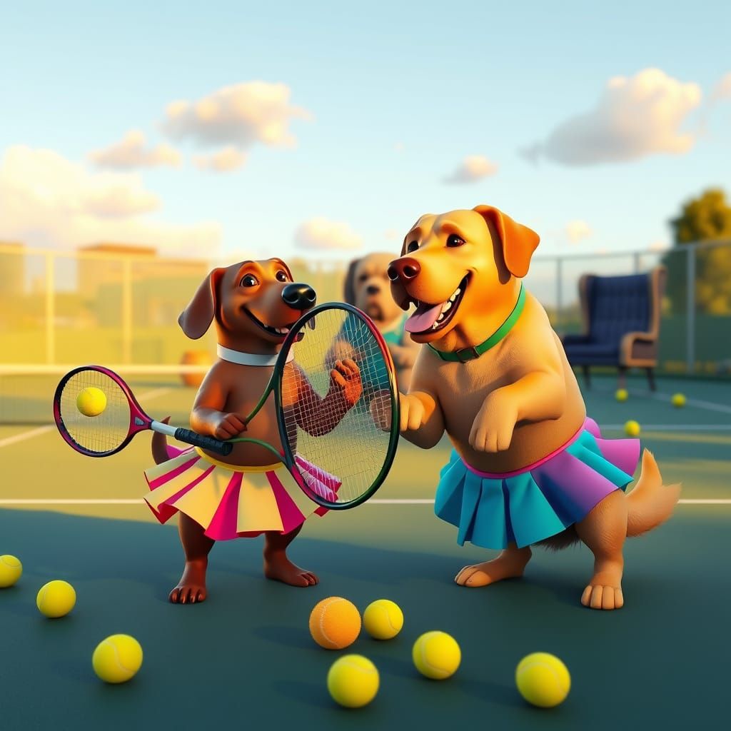 Dogs Playing Tennis in Hyper-Realistic 3D Art