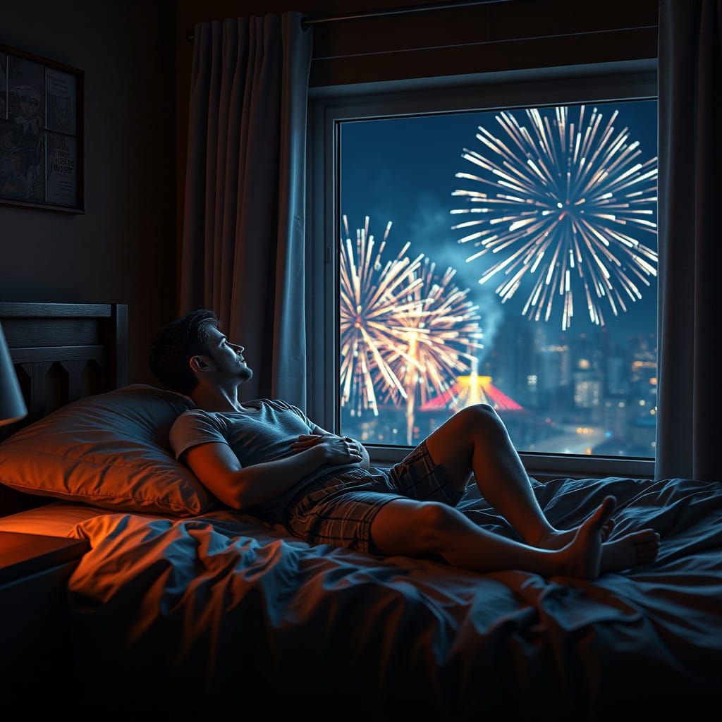 Young Man Watches Epic Fireworks Display in Dark Bedroom