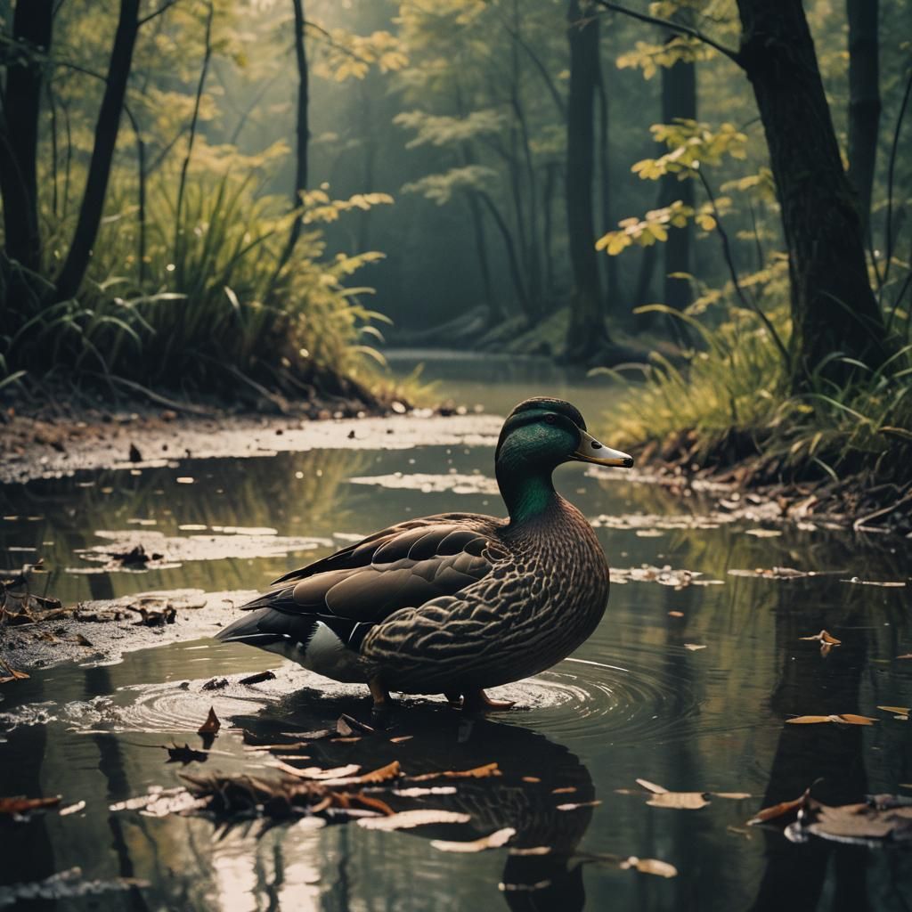 Cinematic Duck Film Still in Atmospheric Lighting