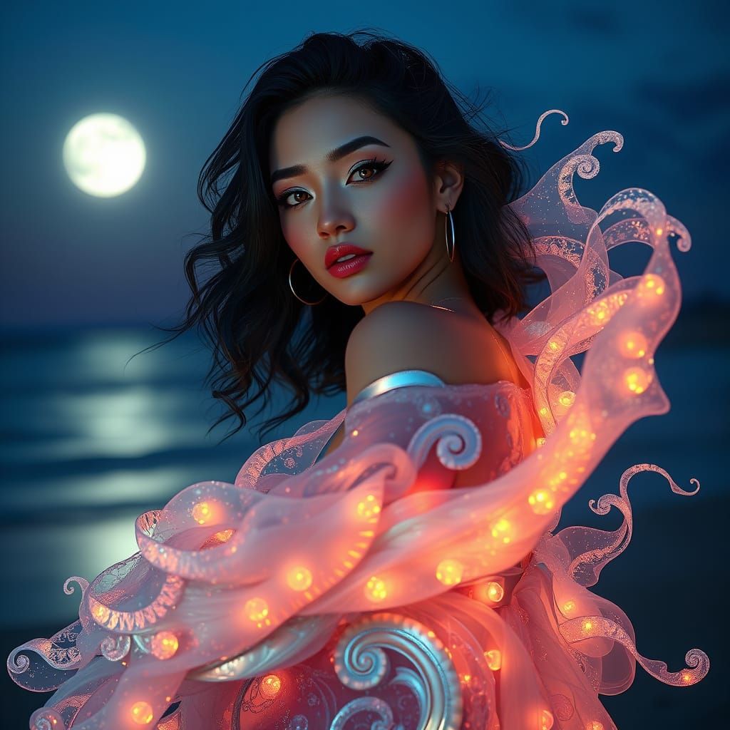 Ethereal Woman in Moonlit Beach Scene