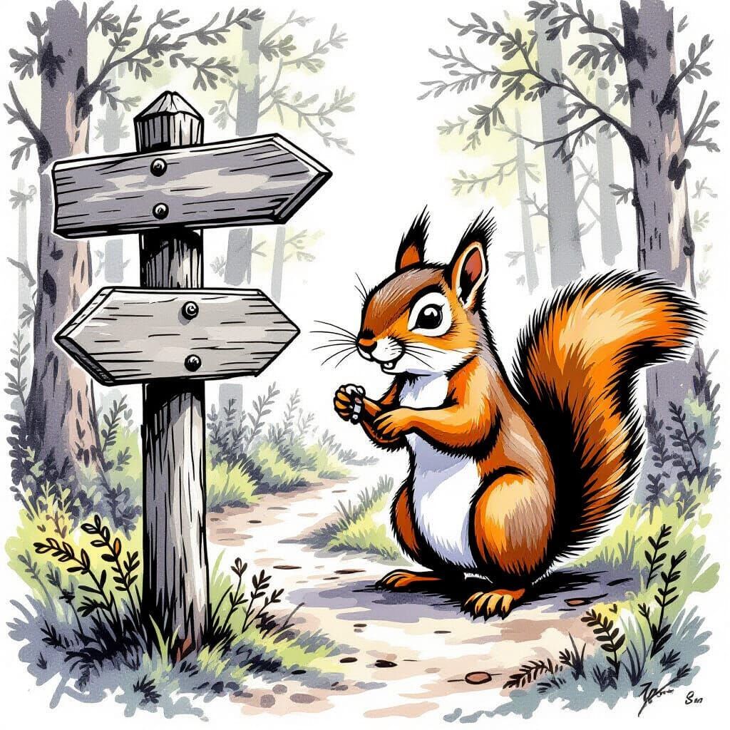 Mischievous Squirrel Swapping Signposts in Black Ink Style