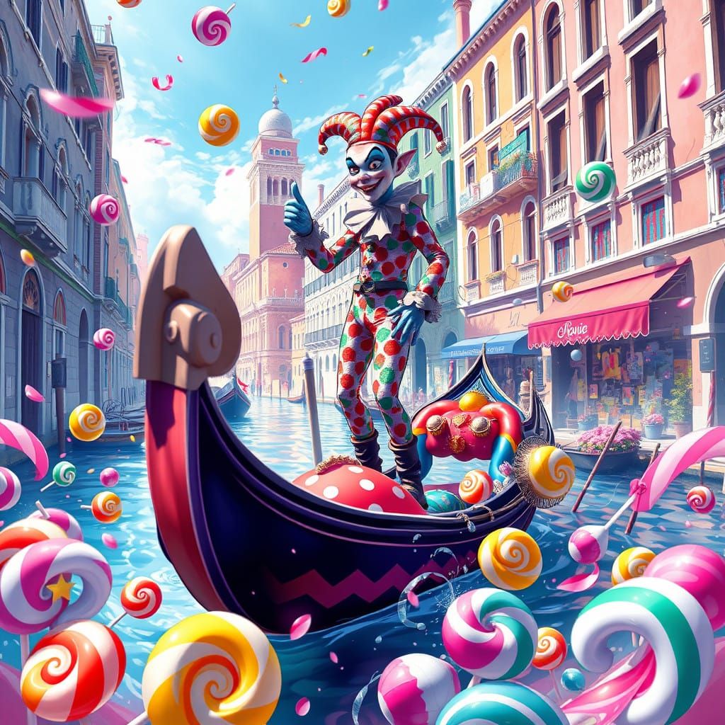 Whimsical Venice Carnival Scene in Candyland Style
