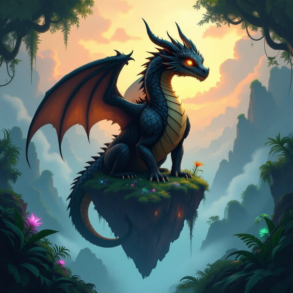 Obsidian Dragon on Floating Island in Alien Jungle