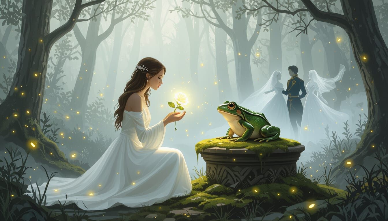 Woman Presents Rose to Frog Prince in Dreamy Forest