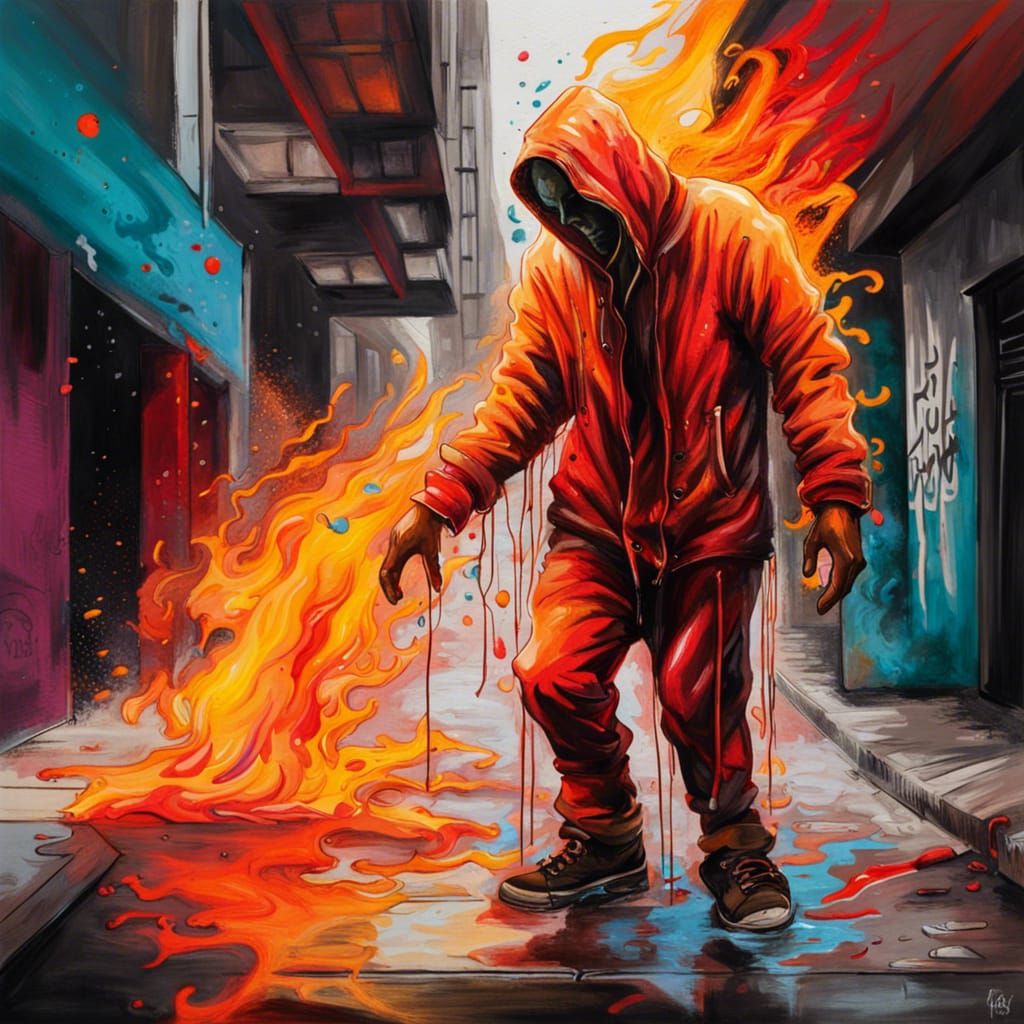 Fiery Man Confronts Villain in Graffiti Art