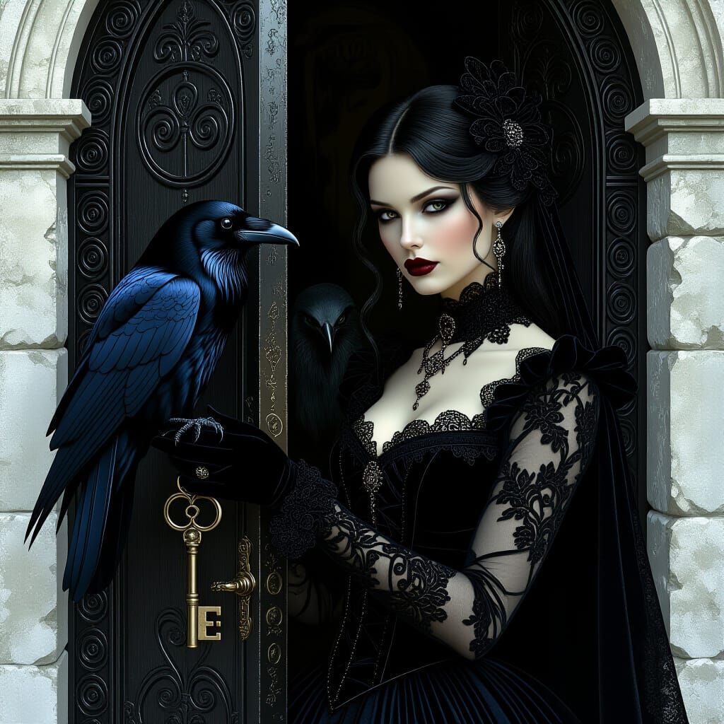 Gothic Woman with Raven and Key to Mystery