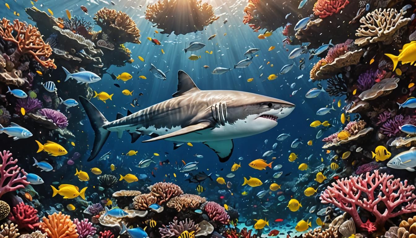 Great White Shark in a Colorful Reef: Splash Art